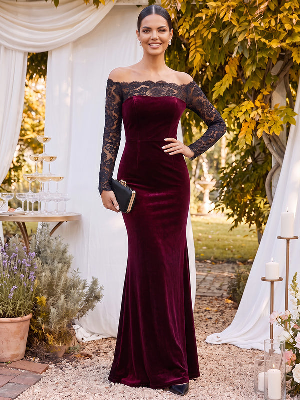 Trumpet/Mermaid Off-the-Shoulder Long Sleeves Velvet Floor-Length Mother of the Bride Dresses with Lace