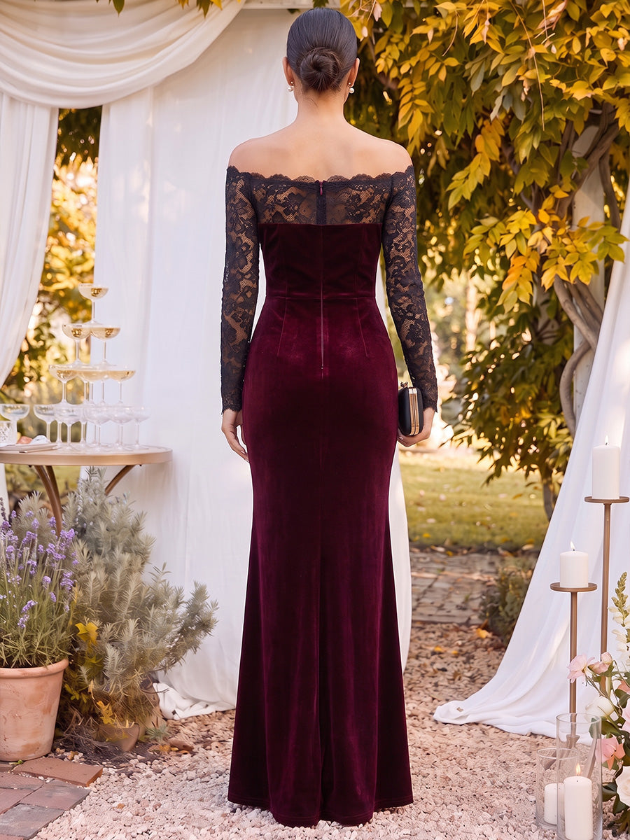 Trumpet/Mermaid Off-the-Shoulder Long Sleeves Velvet Floor-Length Mother of the Bride Dresses with Lace