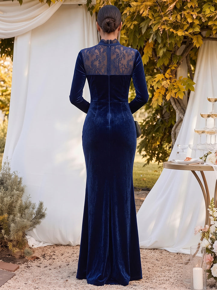 Trumpet/Mermaid High Neck Long Sleeves Velvet Floor-Length Formal Dresses with Lace