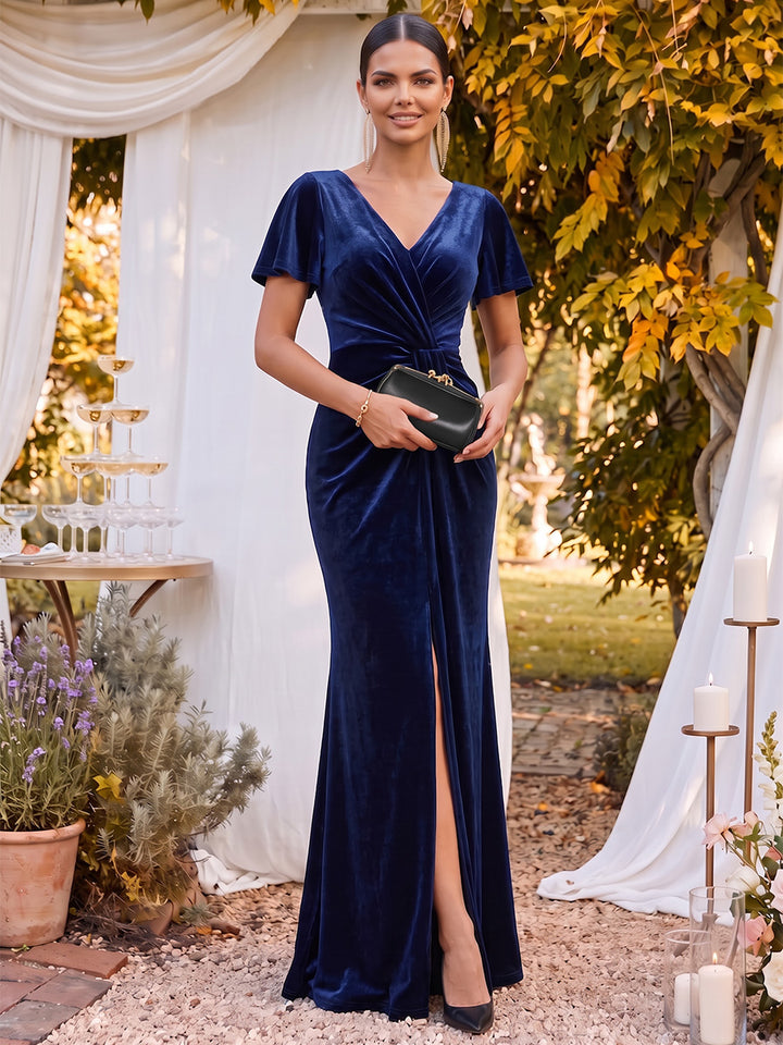 Sheath/Column V-Neck Short Sleeves Velvet Floor-Length Formal Dresses with Ruched