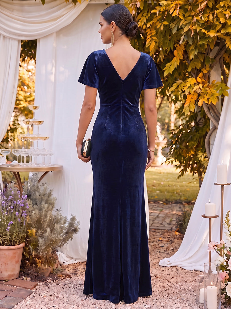 Sheath/Column V-Neck Short Sleeves Velvet Floor-Length Formal Dresses with Ruched