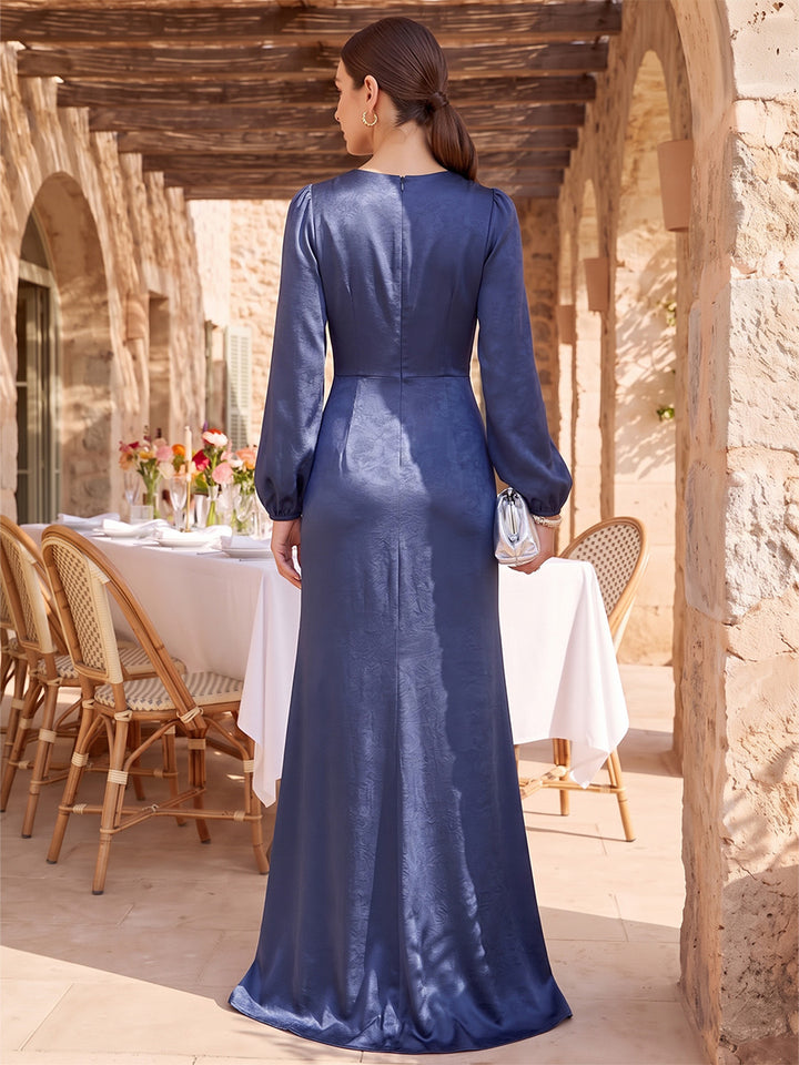 Sheath/Column Boat Neck Long Sleeves Floor-Length Formal Dresses with Split Side