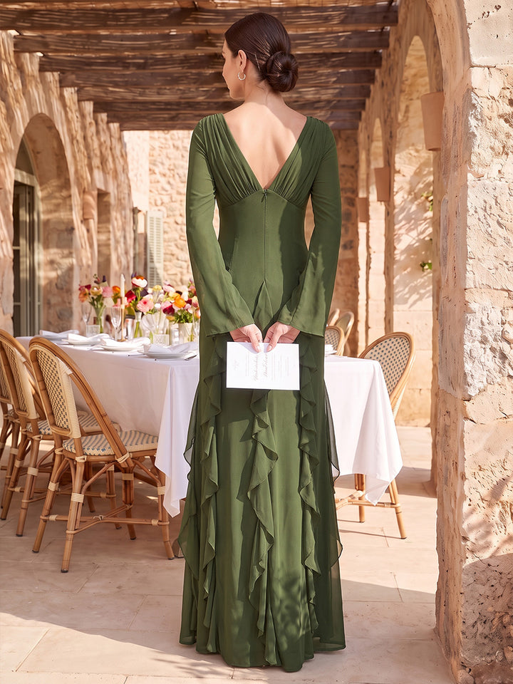Sheath/Column V-Neck Long Sleeves Chiffon Floor-Length Formal Dresses with Ruffles