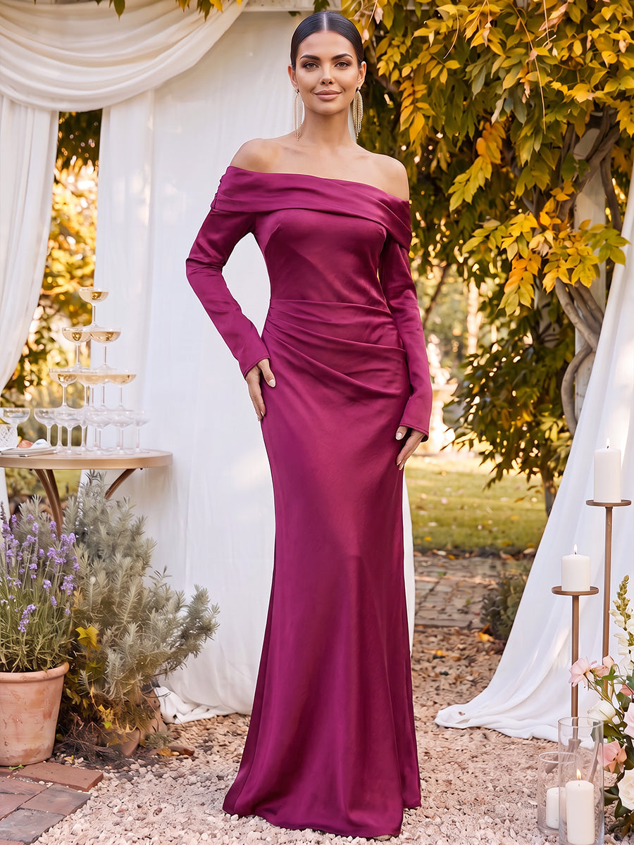 Sheath/Column Off-the-Shoulder Long Sleeves Floor-Length Formal Dresses with Ruched