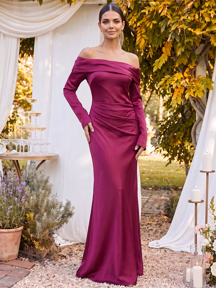 Sheath/Column Off-the-Shoulder Long Sleeves Floor-Length Formal Dresses with Ruched