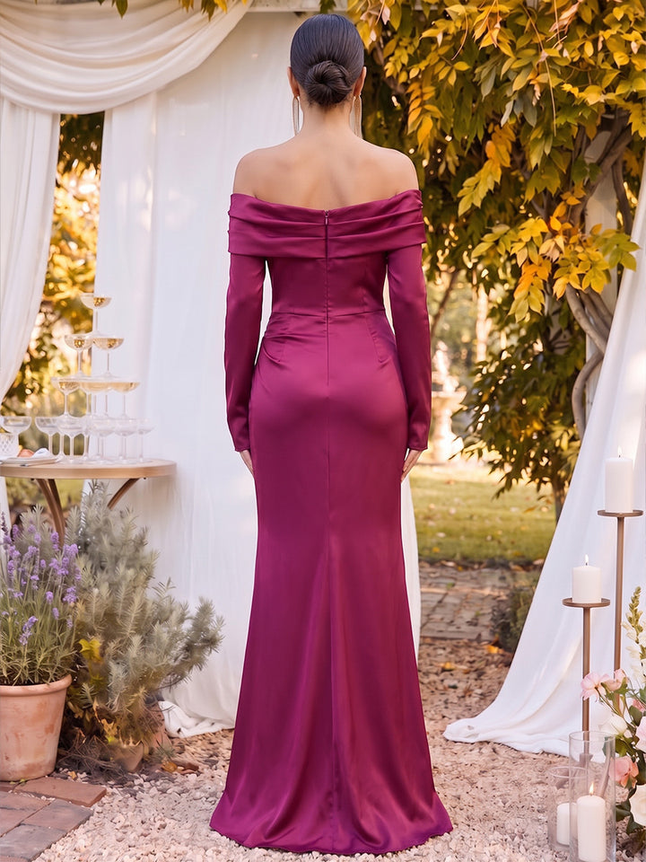 Sheath/Column Off-the-Shoulder Long Sleeves Floor-Length Formal Dresses with Ruched