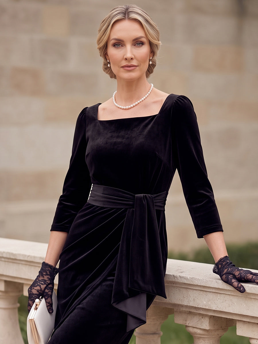 Tulip Square Neck 3/4 Sleeves Velvet Knee-Length Mother of the Bride Dresses with Ruffles