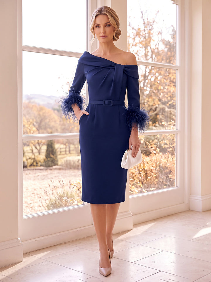 Sheath/Column One-Shoulder 3/4 Sleeves  Knee-Length Mother of the Bride Dresses with Feather
