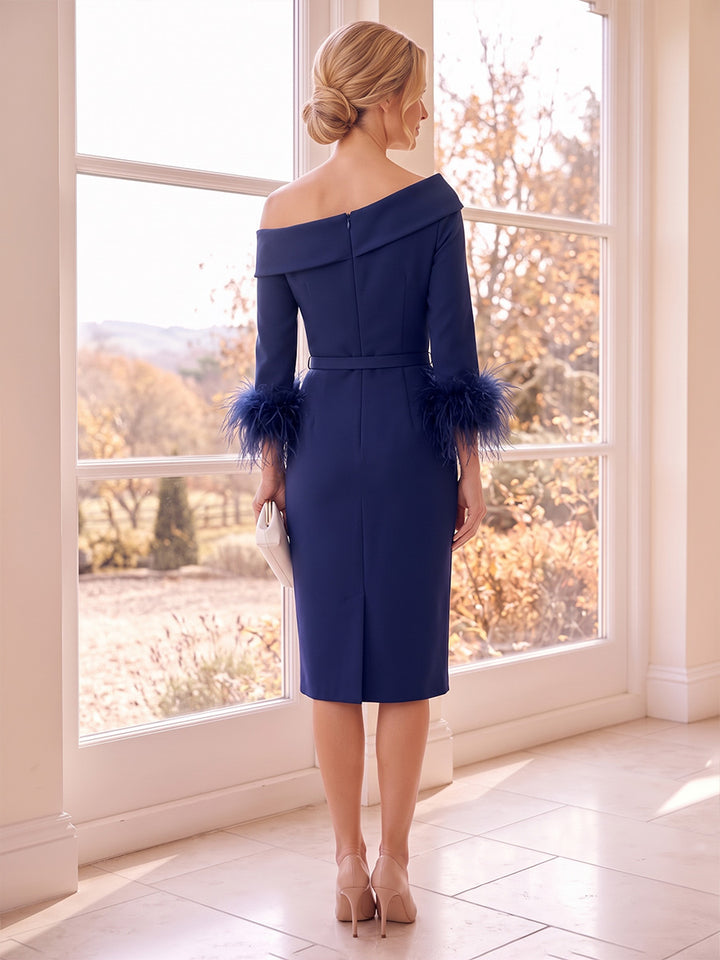 Sheath/Column One-Shoulder 3/4 Sleeves  Knee-Length Mother of the Bride Dresses with Feather
