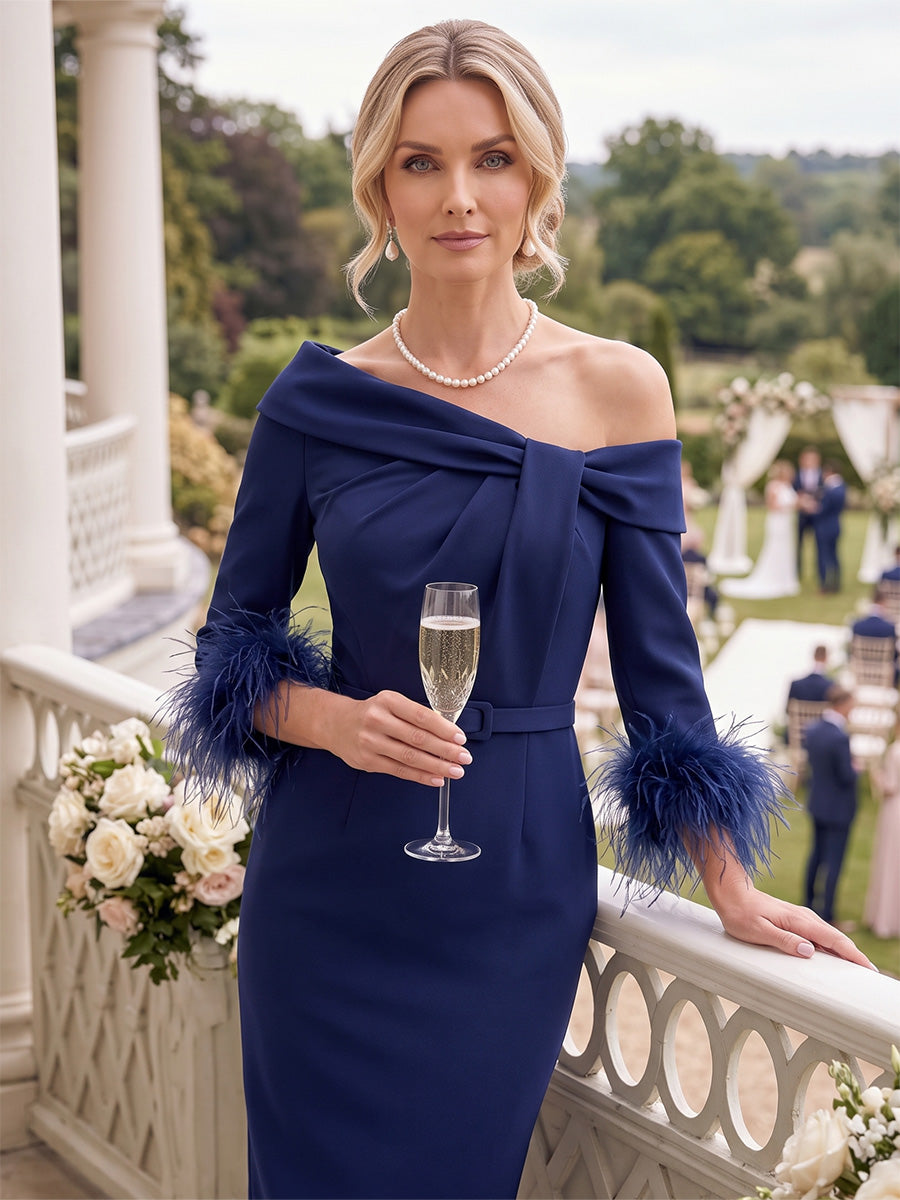 Sheath/Column One-Shoulder 3/4 Sleeves  Knee-Length Mother of the Bride Dresses with Feather