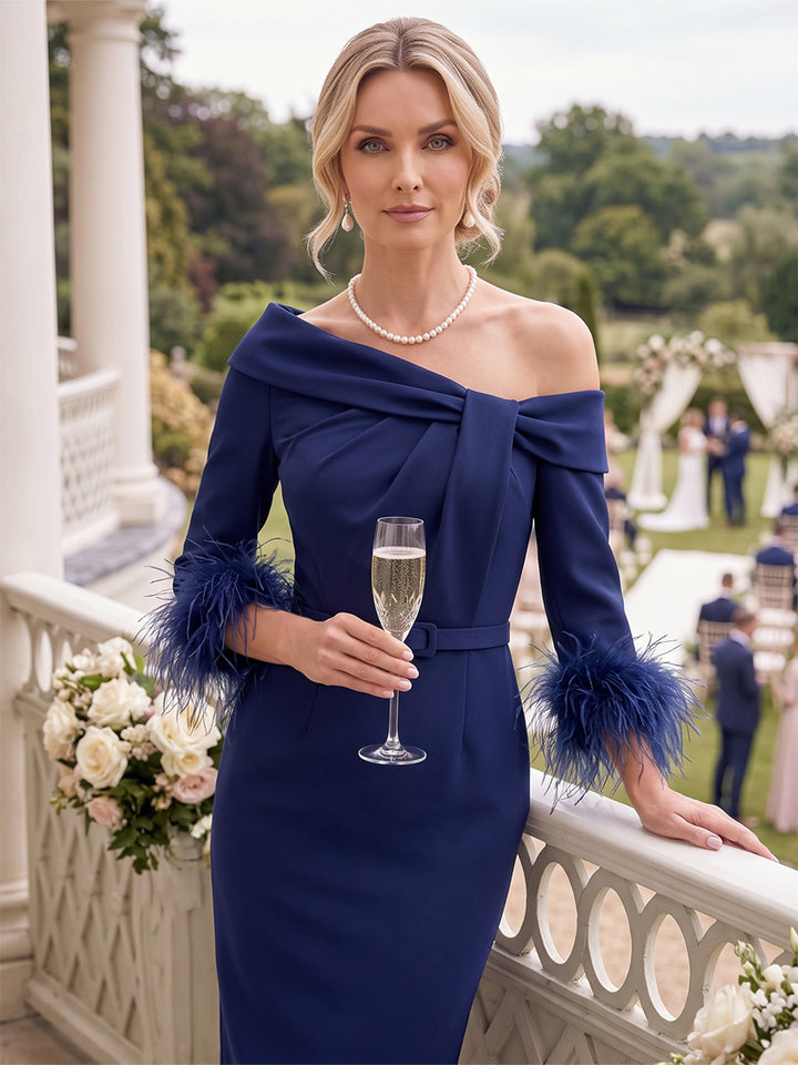 Sheath/Column One-Shoulder 3/4 Sleeves  Knee-Length Mother of the Bride Dresses with Feather