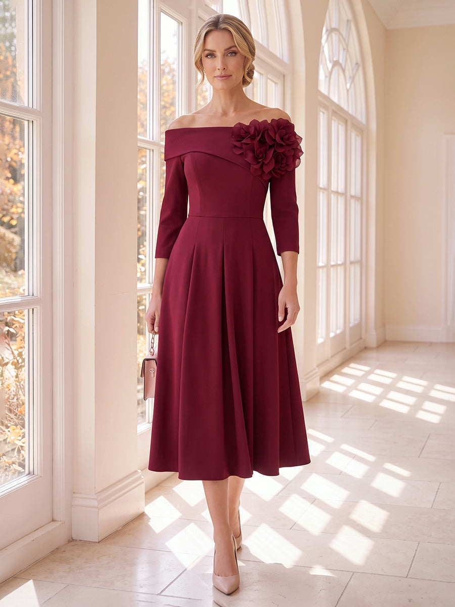 A-Line/Princess Off-the-Shoulder Half Sleeves  Tea-Length Mother of the Bride Dresses with 3D Flower