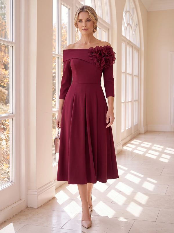 A-Line/Princess Off-the-Shoulder Half Sleeves  Tea-Length Mother of the Bride Dresses with 3D Flower