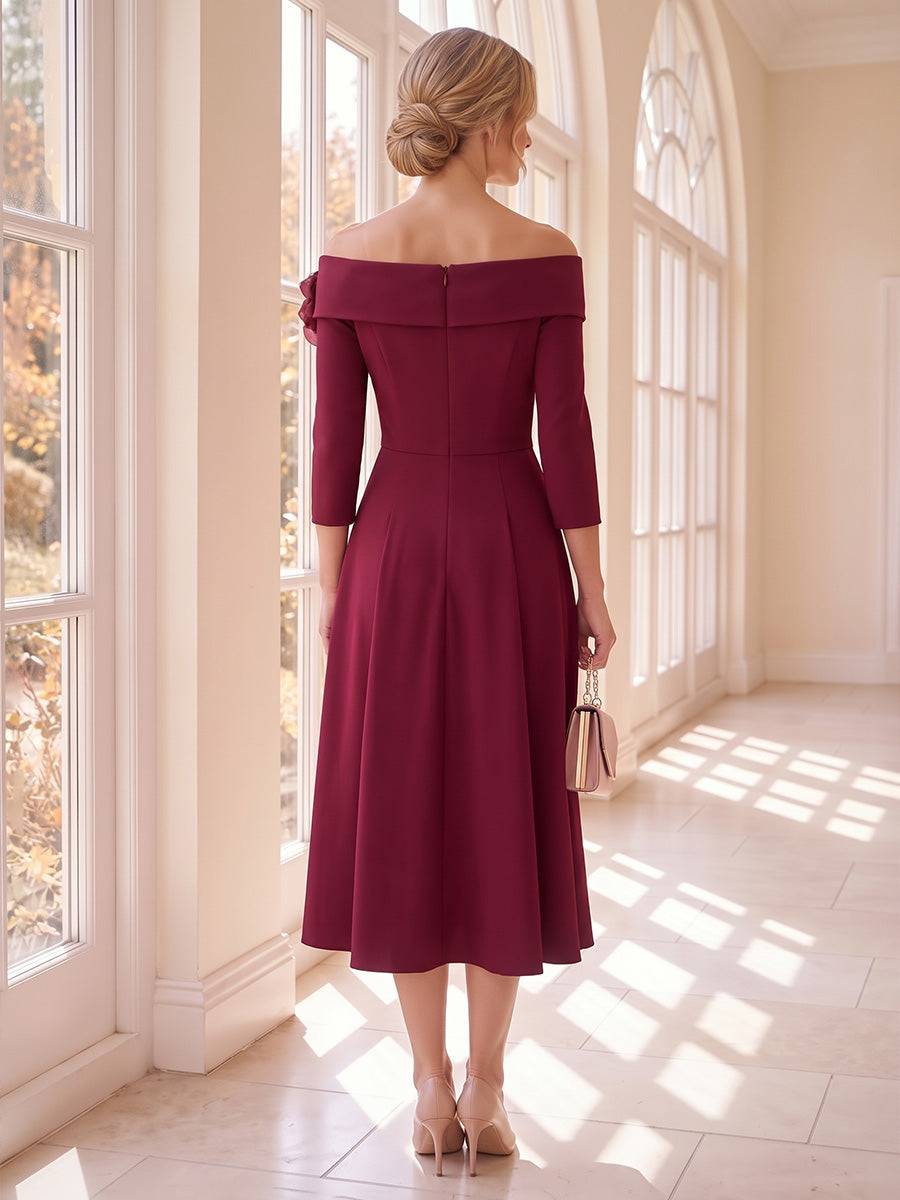 A-Line/Princess Off-the-Shoulder Half Sleeves  Tea-Length Mother of the Bride Dresses with 3D Flower