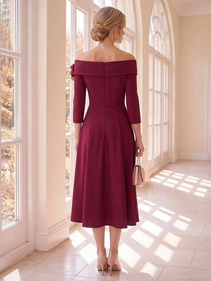 A-Line/Princess Off-the-Shoulder Half Sleeves  Tea-Length Mother of the Bride Dresses with 3D Flower