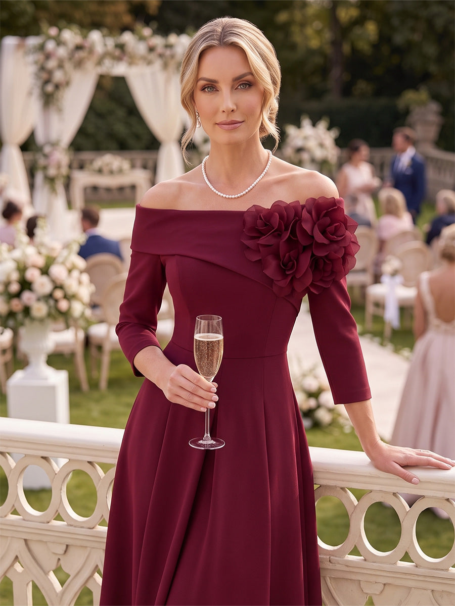A-Line/Princess Off-the-Shoulder Half Sleeves  Tea-Length Mother of the Bride Dresses with 3D Flower