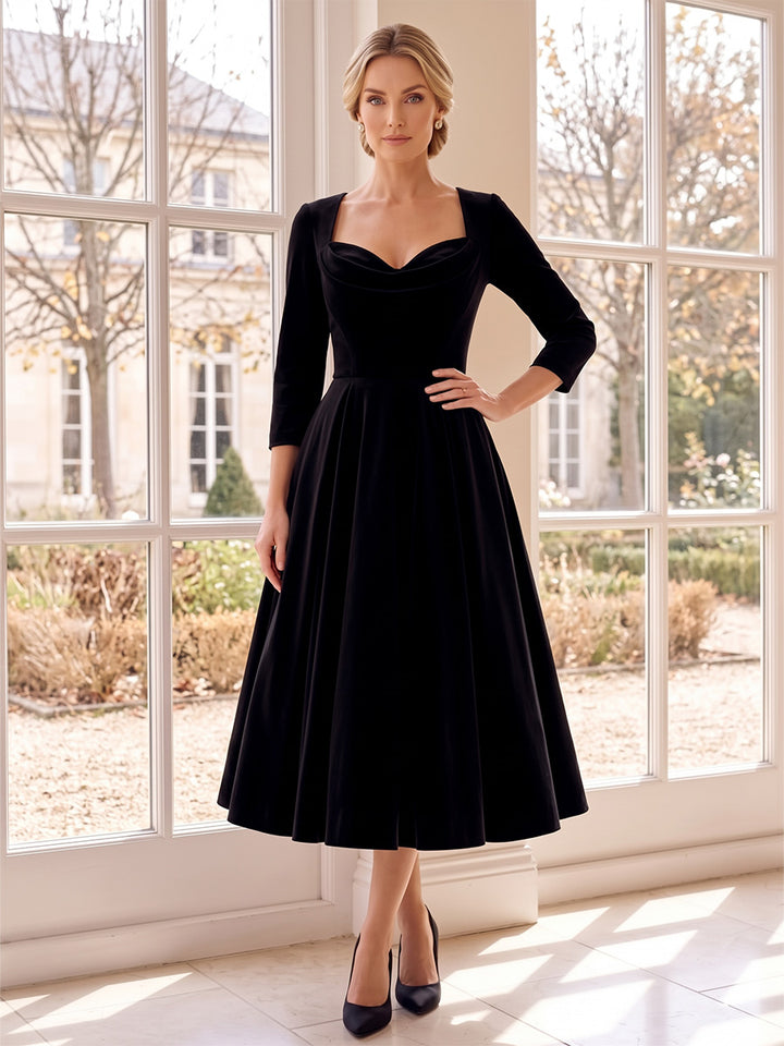 A-Line/Princess V-Neck 3/4 Sleeves Velvet Tea-Length Mother of the Bride Dresses with Ruffles