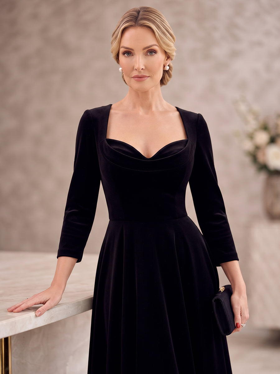 A-Line/Princess V-Neck 3/4 Sleeves Velvet Tea-Length Mother of the Bride Dresses with Ruffles