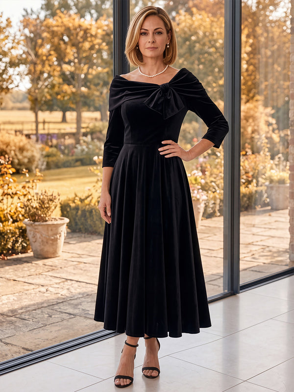 A-Line/Princess One-Shoulder 3/4 Sleeves Velvet Ankle-Length Mother of the Bride Dresses with Ruched