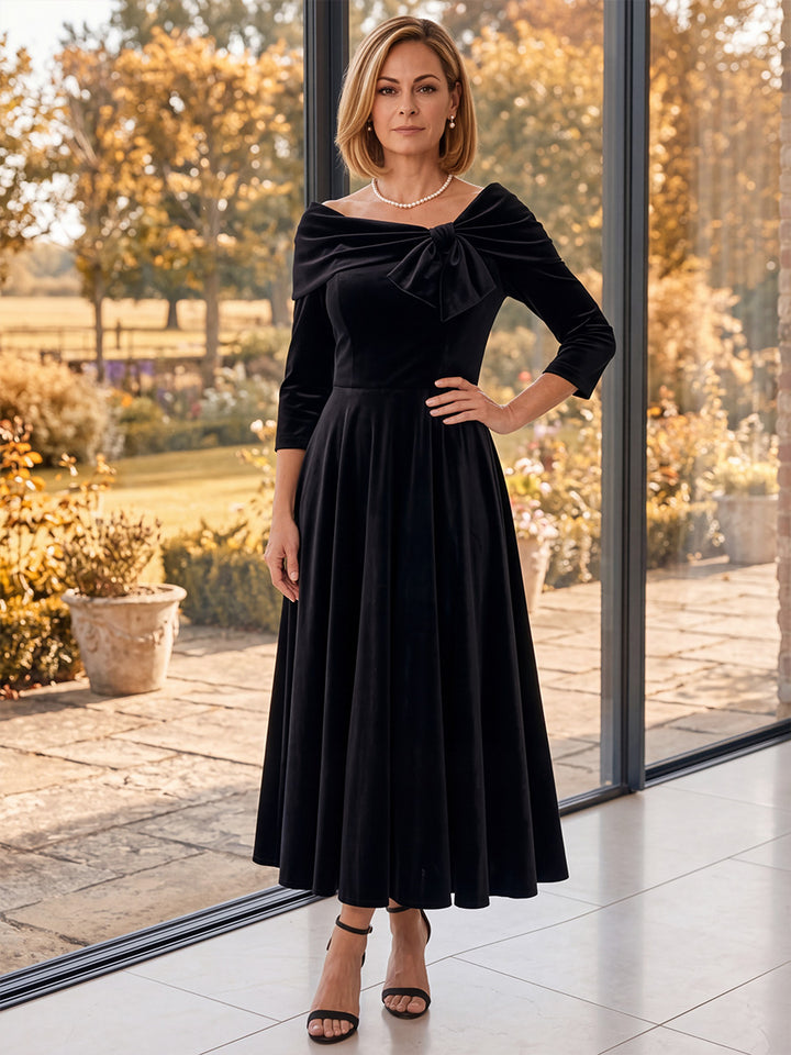 A-Line/Princess One-Shoulder 3/4 Sleeves Velvet Ankle-Length Mother of the Bride Dresses with Ruched