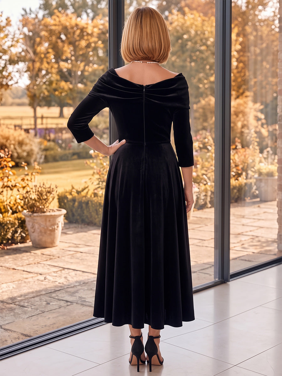 A-Line/Princess One-Shoulder 3/4 Sleeves Velvet Ankle-Length Mother of the Bride Dresses with Ruched