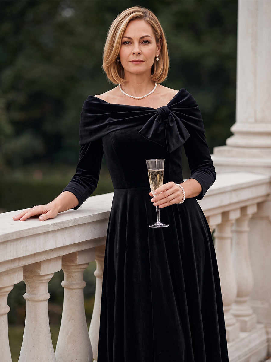 A-Line/Princess One-Shoulder 3/4 Sleeves Velvet Ankle-Length Mother of the Bride Dresses with Ruched