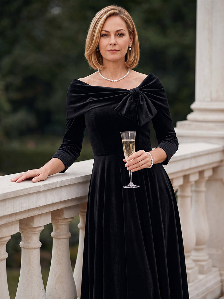 A-Line/Princess One-Shoulder 3/4 Sleeves Velvet Ankle-Length Mother of the Bride Dresses with Ruched