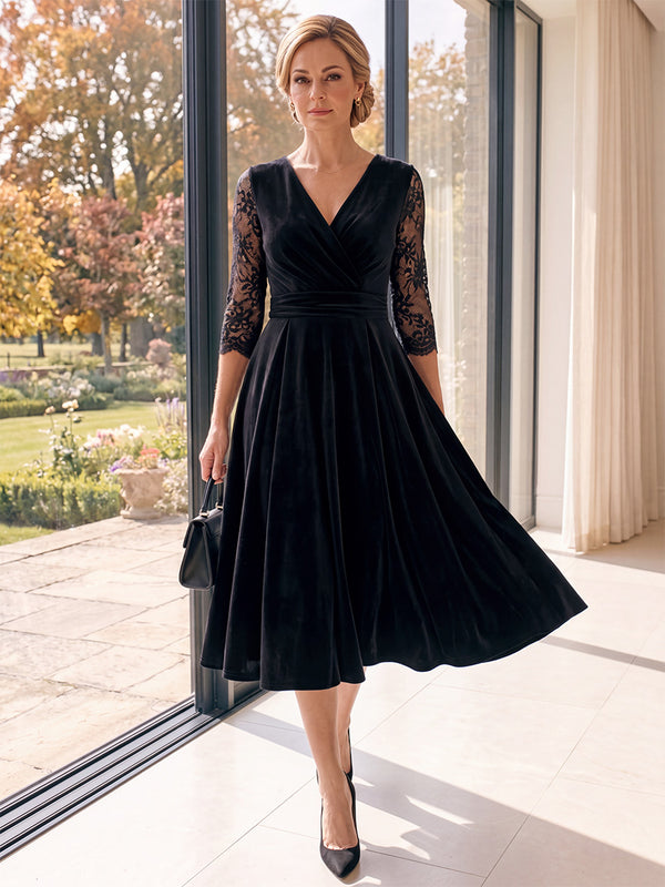 A-Line/Princess V-Neck 3/4 Sleeves  Tea-Length Mother of the Bride Dresses with Lace