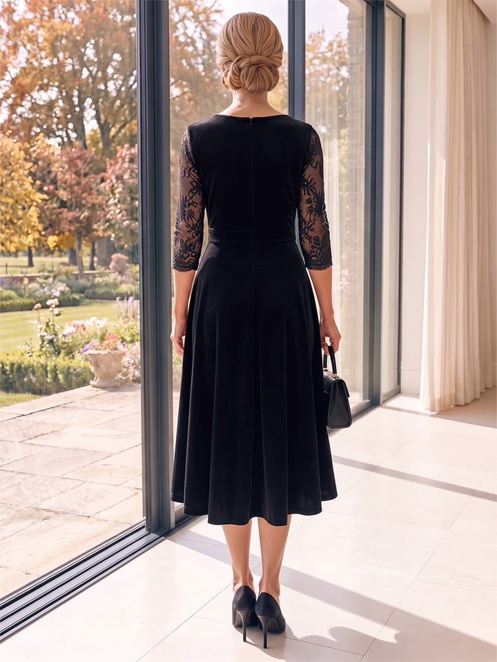 A-Line/Princess V-Neck 3/4 Sleeves  Tea-Length Mother of the Bride Dresses with Lace