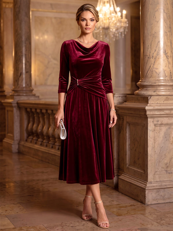 A-Line/Princess Cowl Neck 3/4 Sleeves Velvet Tea-Length Cocktail Dress with Ruched