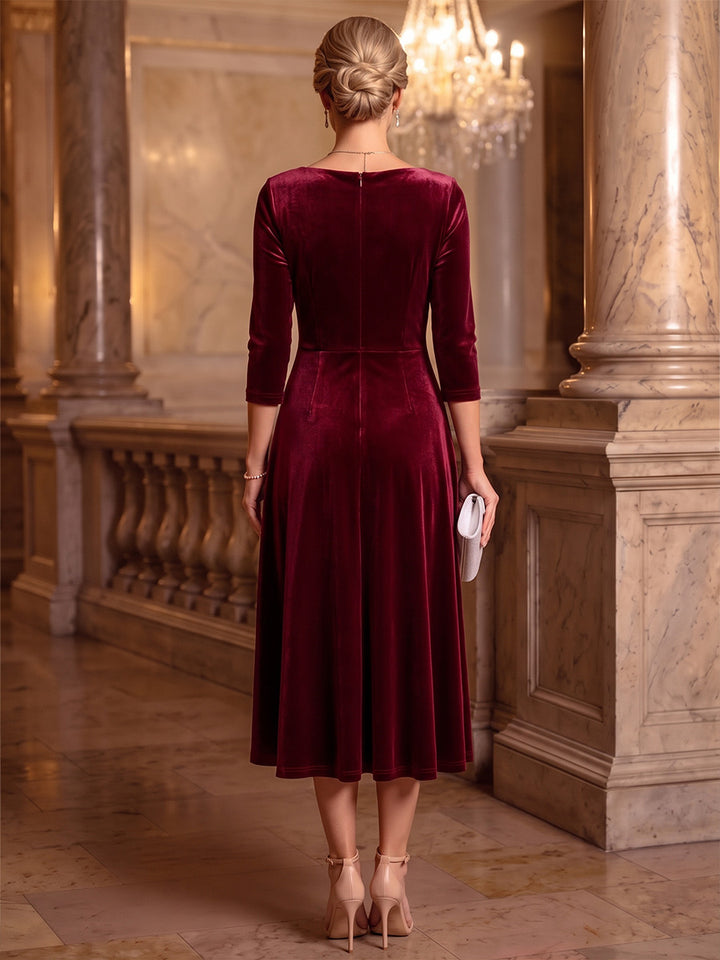 A-Line/Princess Cowl Neck 3/4 Sleeves Velvet Tea-Length Cocktail Dress with Ruched