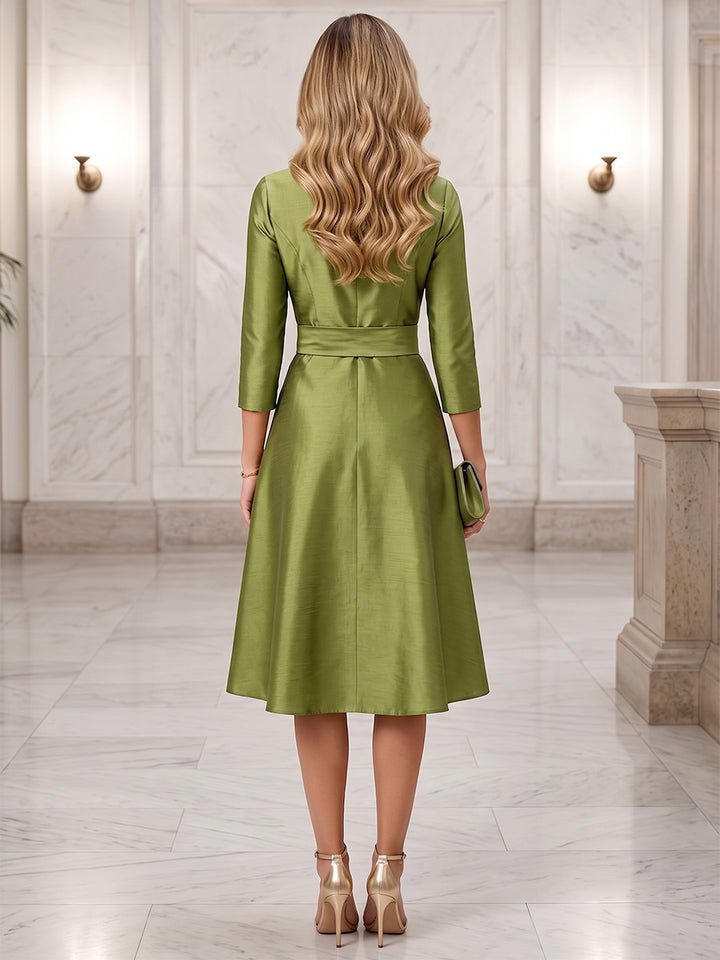 A-Line/Princess Shirt Collar 3/4 Sleeves Satin Knee-Length Cocktail Dress with Bowknot