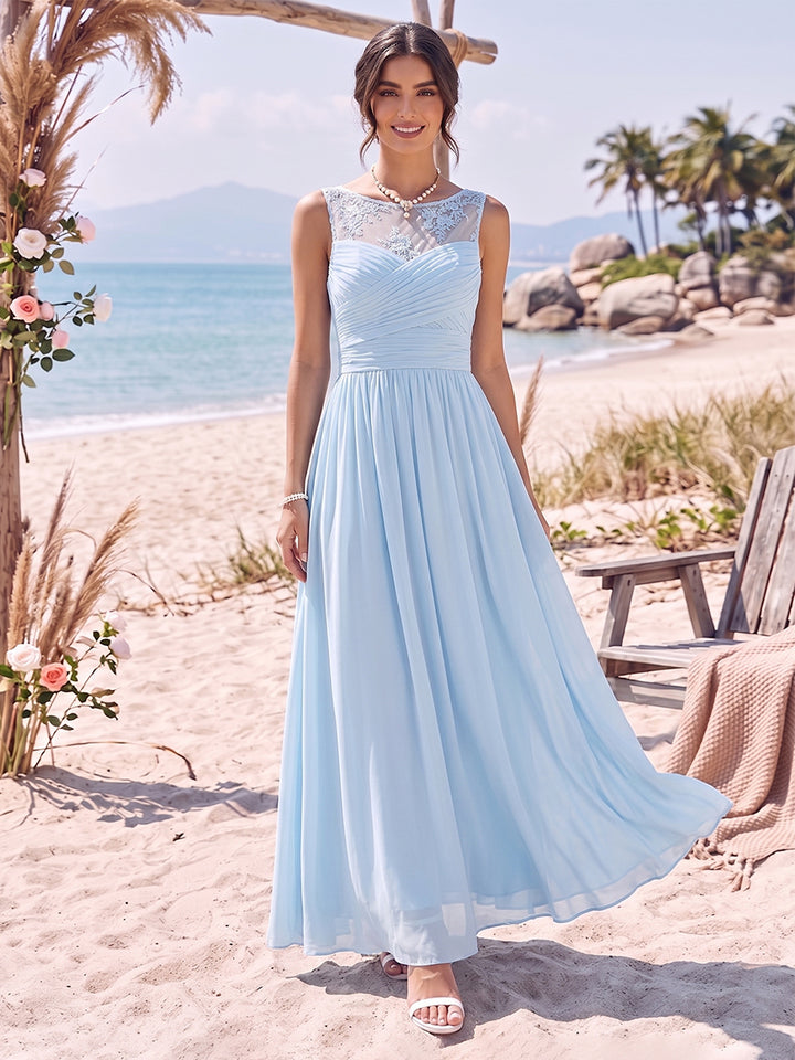 A-Line/Princess Scoop Sleeveless Ankle-Length Long Bridesmaid Dresses with Ruched &amp; Lace