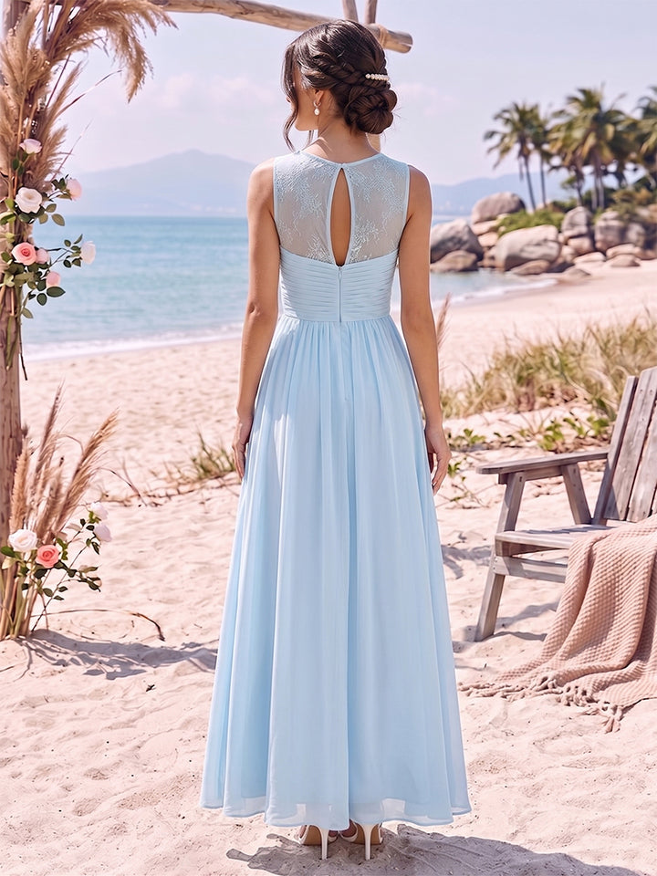 A-Line/Princess Scoop Sleeveless Ankle-Length Long Bridesmaid Dresses with Ruched &amp; Lace