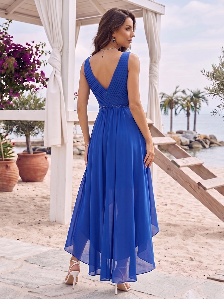 A-Line/Princess V-Neck Sleeveless Asymmetrical Bridesmaid Dresses With Pleats &amp; Rhinestone