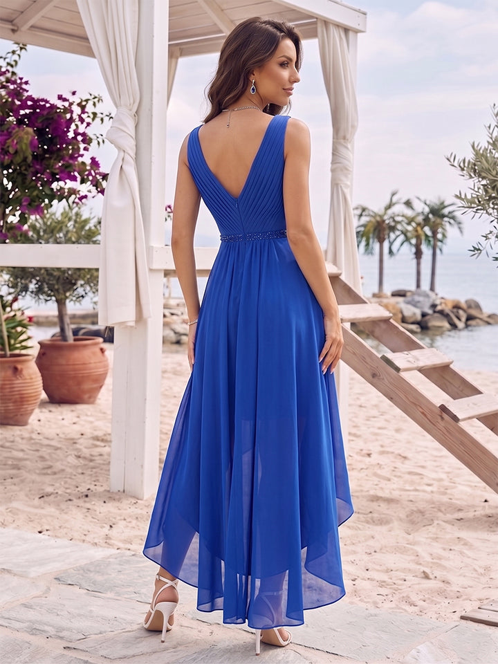 A-Line/Princess V-Neck Sleeveless Asymmetrical Bridesmaid Dresses With Pleats &amp; Rhinestone