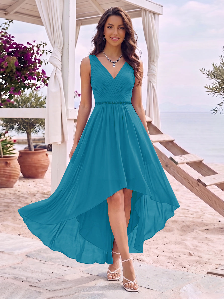 A-Line/Princess V-Neck Sleeveless Asymmetrical Bridesmaid Dresses With Pleats &amp; Rhinestone