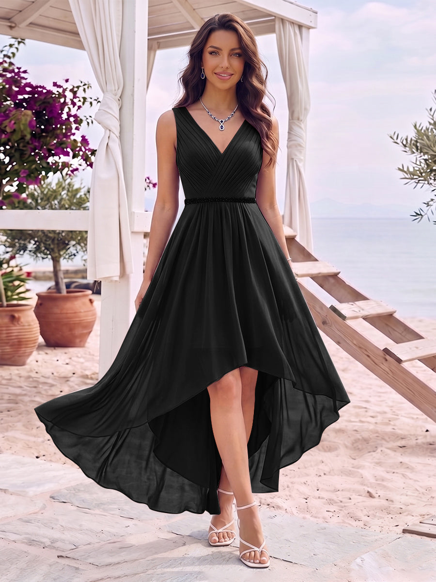 A-Line/Princess V-Neck Sleeveless Asymmetrical Bridesmaid Dresses With Pleats &amp; Rhinestone