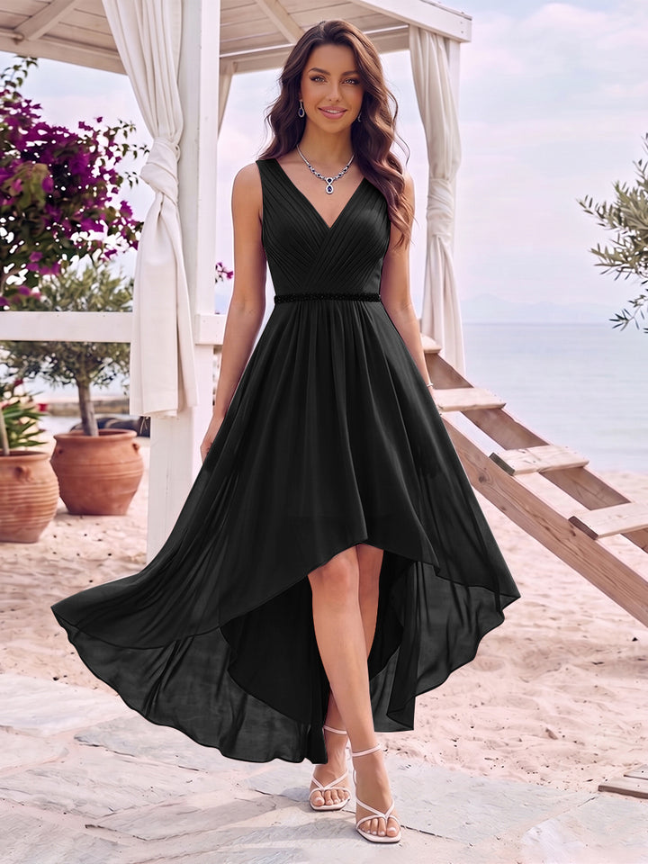 A-Line/Princess V-Neck Sleeveless Asymmetrical Bridesmaid Dresses With Pleats &amp; Rhinestone