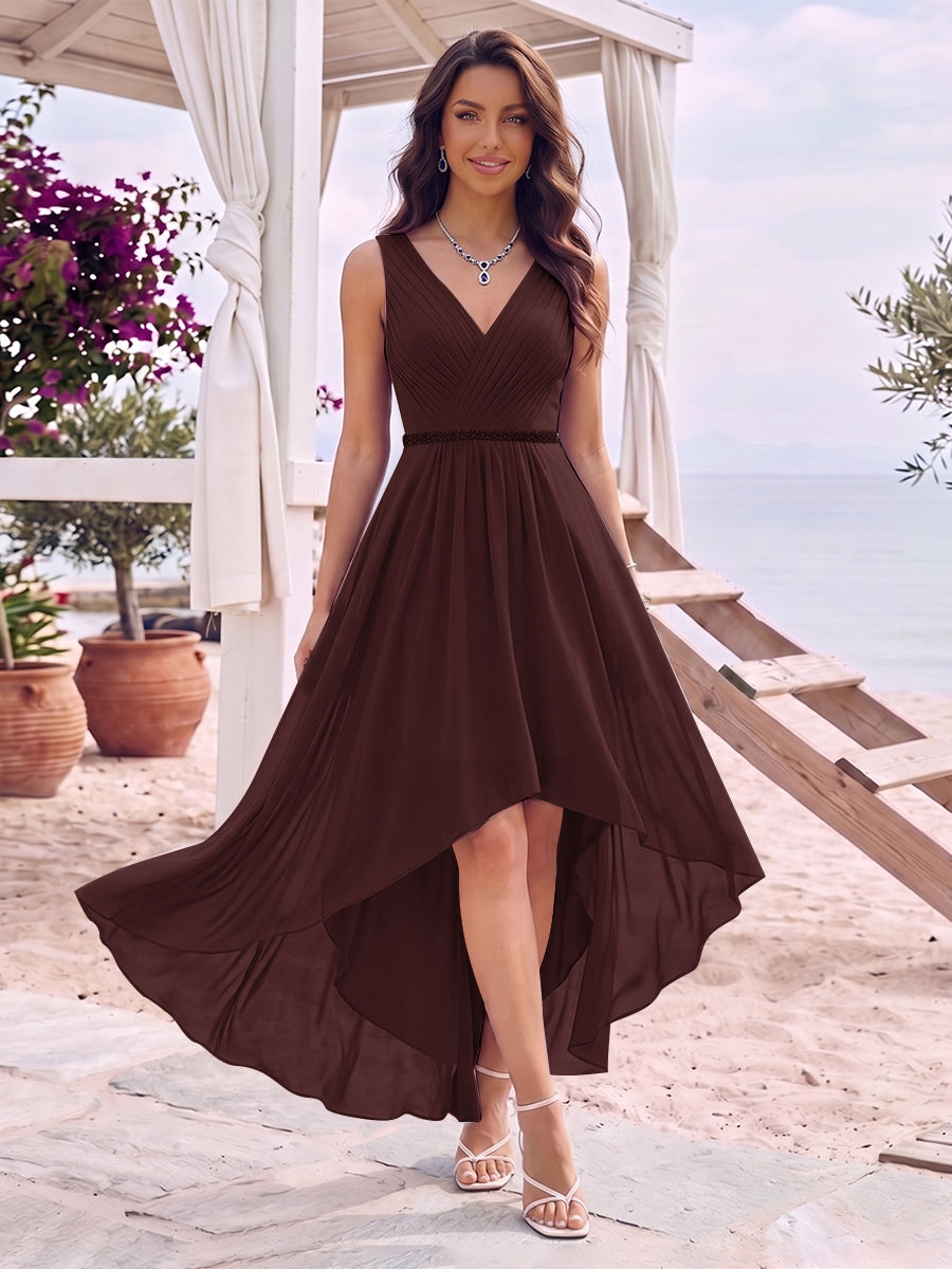 A-Line/Princess V-Neck Sleeveless Asymmetrical Bridesmaid Dresses With Pleats &amp; Rhinestone