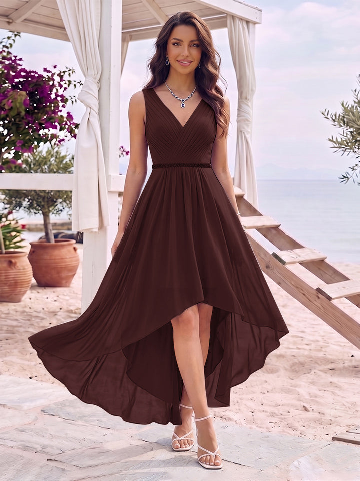 A-Line/Princess V-Neck Sleeveless Asymmetrical Bridesmaid Dresses With Pleats &amp; Rhinestone