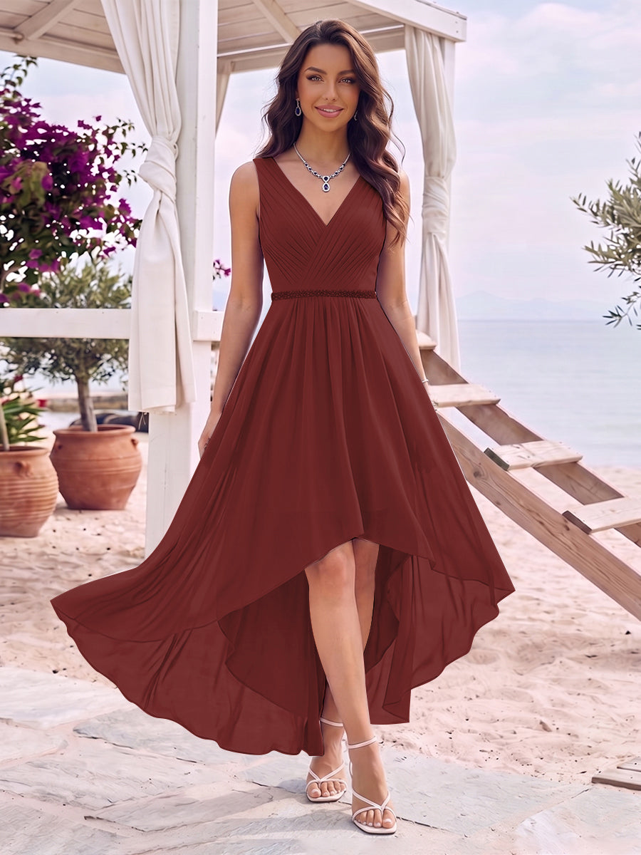 A-Line/Princess V-Neck Sleeveless Asymmetrical Bridesmaid Dresses With Pleats &amp; Rhinestone