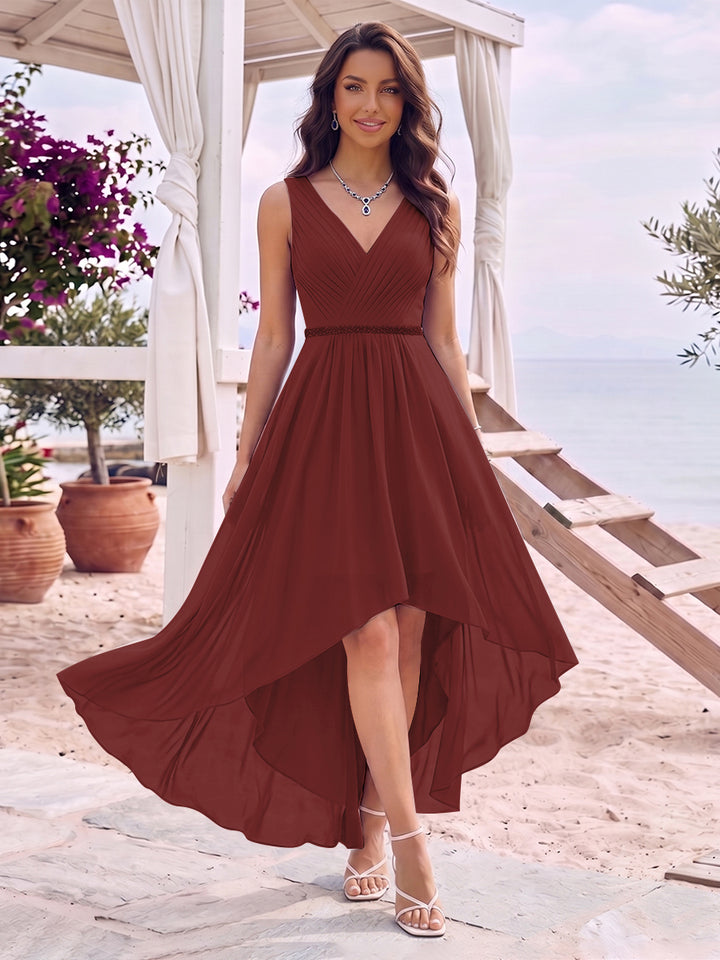 A-Line/Princess V-Neck Sleeveless Asymmetrical Bridesmaid Dresses With Pleats &amp; Rhinestone