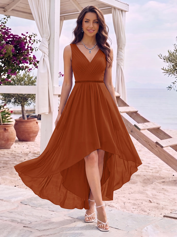 A-Line/Princess V-Neck Sleeveless Asymmetrical Bridesmaid Dresses With Pleats &amp; Rhinestone