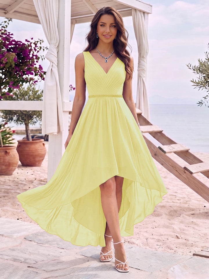 A-Line/Princess V-Neck Sleeveless Asymmetrical Bridesmaid Dresses With Pleats &amp; Rhinestone
