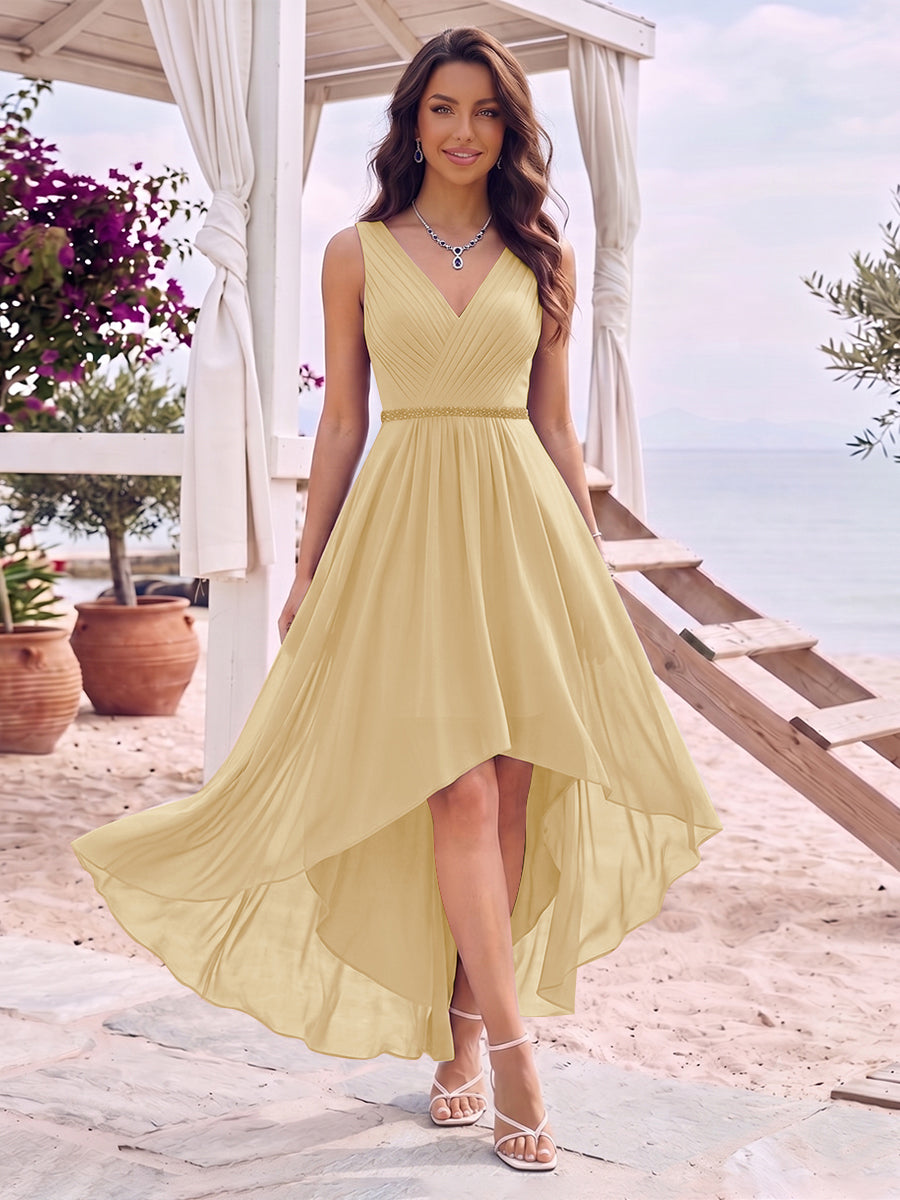 A-Line/Princess V-Neck Sleeveless Asymmetrical Bridesmaid Dresses With Pleats &amp; Rhinestone