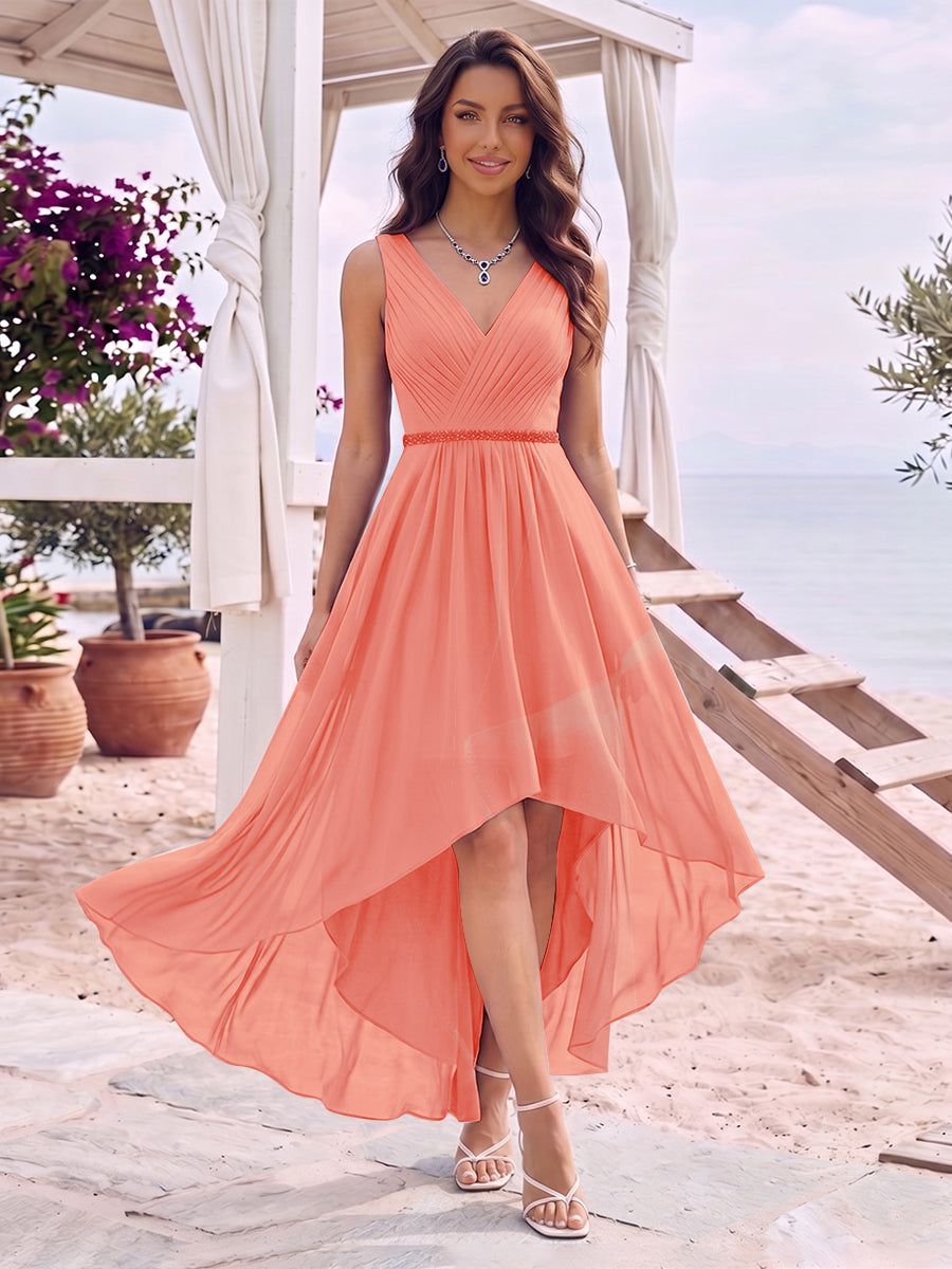 A-Line/Princess V-Neck Sleeveless Asymmetrical Bridesmaid Dresses With Pleats &amp; Rhinestone