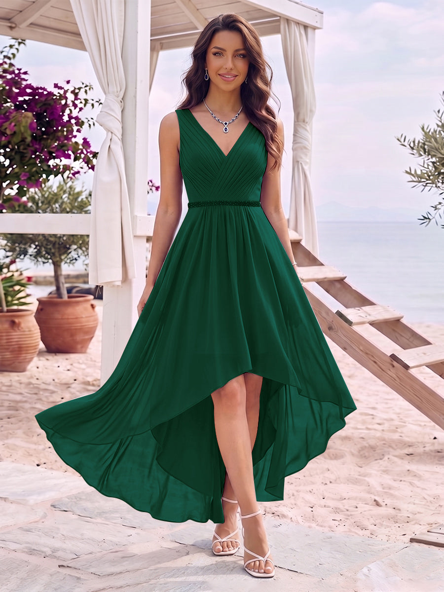 A-Line/Princess V-Neck Sleeveless Asymmetrical Bridesmaid Dresses With Pleats &amp; Rhinestone