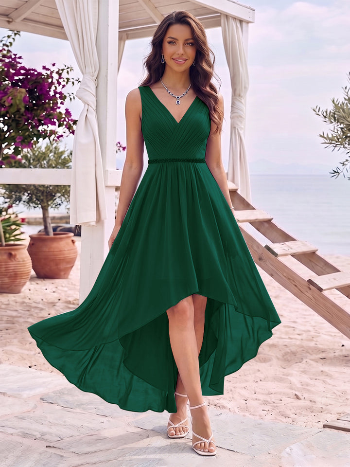 A-Line/Princess V-Neck Sleeveless Asymmetrical Bridesmaid Dresses With Pleats &amp; Rhinestone