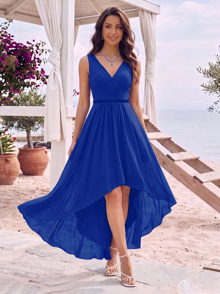 A-Line/Princess V-Neck Sleeveless Asymmetrical Bridesmaid Dresses With Pleats &amp; Rhinestone